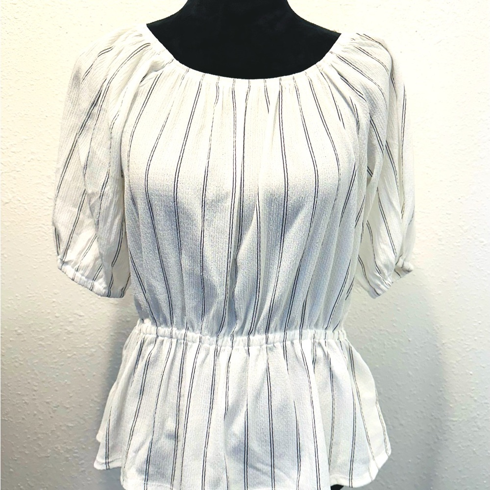 Nine West white with black stripes- dressy top with puffy sleeves